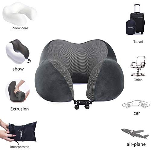 TALLGO Travel Pillow, Best Memory Foam Neck Pillow Head Support Soft Pillow for Sleeping Rest, Airplane Car & Home Use (Grey) - color: Grey