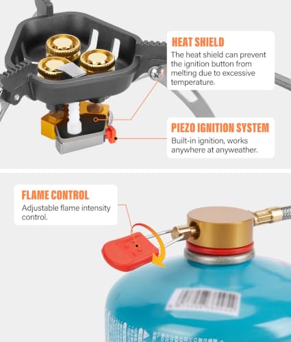 WADEO 7200W Windproof Camp Stove, Camping Gas Stove with Piezo Ignition | Backpacking Stove, Portable Camping Stove for Outdoor Camping, Backpacking, with Two Fuel Canister Adapter, Carry Case