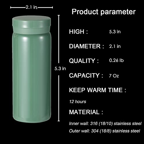 Mini Thermos Cute Water Bottle - 7 oz Tiny Insulated Vacuum 18/10 Stainless Steel Small Flask - Leak Proof & Spill Proof & Keeps Cold and Hot for Drink, Coffee, Tea - Green - color: Green, size: 6.8 Ounces