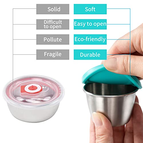 6-Pack 2.4oz Stainless Steel Dressing Container with Silicone Lid | Leakproof and Reusable Small Condiment Containers, Sauce Cups for Salad Dressing, Lunch Boxes & Meal Prep, Dishwasher Safe