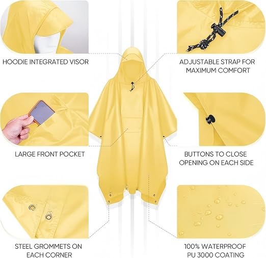 Extra Thick Waterproof Hooded Rain Poncho for Adults Lightweight Raincoat Jacket with Pocket for Hiking Camping Emergency - color: Yellow