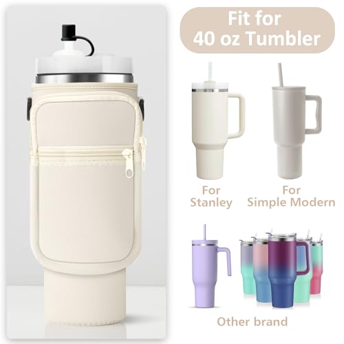 AceTreker Water Bottle Carrier Bag with Strap for Stanley 40/30 oz Tumbler Neoprene Insulated Cup Holder Sleeve with Phone Pocket & Straw Cover for Stanley Cup Accessories - color: 01-Cream, style: 40 Oz