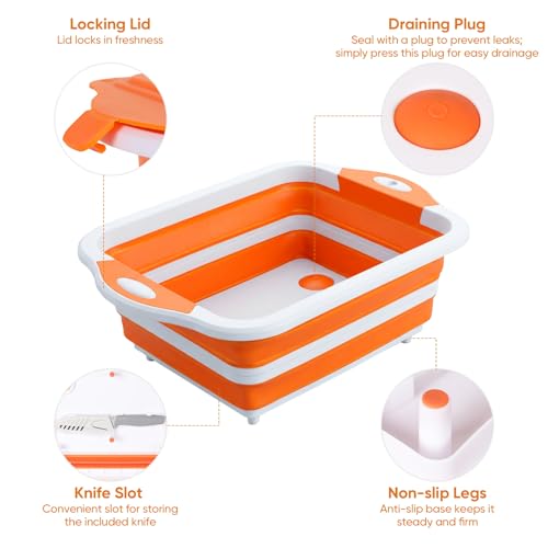 Collapsible BBQ Prep Tub with Lid, Foldable Camping Sink with Colander, Cutting Board, Dish Basin for Kitchen, Bowl, Vegetable and Fruit, Storage Basket for Picnic-Orange - color: Orange