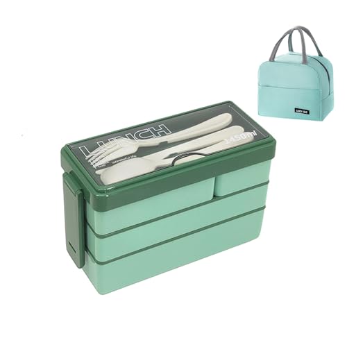 JENAGREN Bento Box Lunch Container, Stackable 3 Layers Meal Prep Salad Adult Lunch Box, Leak-Proof Sandwich Containers with Cutlery Luch bag for Adults Men Women - color: Green, size: three layer