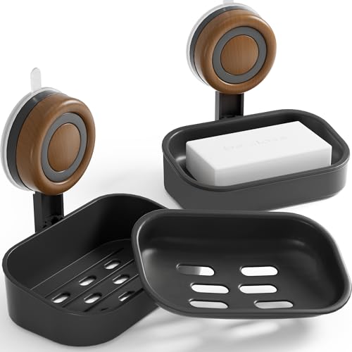 Double Layer Soap Dish for Shower 2 Pack, Wall Mounted Bar Soap Holder Suction Cup 2 Layer Self Draining Soap Case Sponge Holder for Shower Bathroom, Tub and Kitchen Sink, Black - color: Black