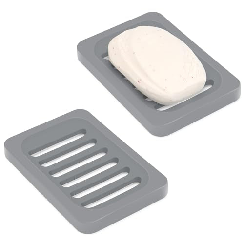Topsky 2Pcs Soap Dish Holder, Non-Slip Bathroom Accessories Silicone Soap Case Saver, Sink Deck Bathtub Shower Dish Soap Drainer, Silicone Holder for Soap, Sponges, Scrubber (Grey-2pcs) - color: Grey-2pcs