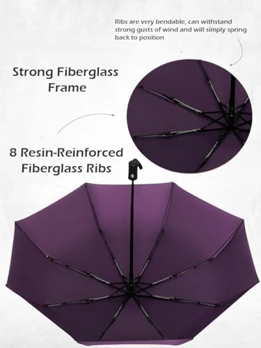 Windproof Travel Umbrella - Compact, Light, Full Automatic Open/Close - Folding Backpack Umbrella for Rain & Sun UV Preotection For Men & Women, Unbreakable 8 Fiberglass Ribs UK Design - color: Mulberry