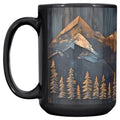 Mountains and Forest Trees Coffee Mug – One Mug, Full Wrap Design (Not Textured) – Outdoorsy Gift for Nature Lovers, Hikers, Campers & Rustic Cabin Decor – 15oz Black Ceramic Cup - size: 15 Ounces