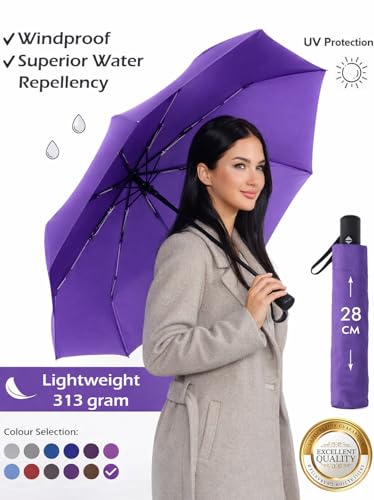 Windproof Travel Umbrella - Compact, Light, Full Automatic Open/Close - Folding Backpack Umbrella for Rain & Sun UV Preotection For Men & Women, Unbreakable 8 Fiberglass Ribs UK Design - color: Purple