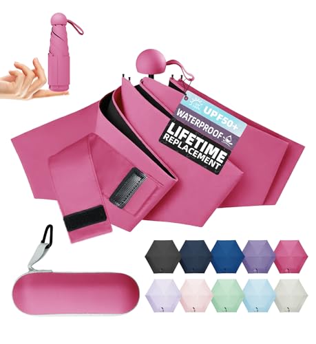 Travel Size Mini Umbrella with UPF 100+ UV Rain Protection, Compact Small & Lightweight Pocket-Sized Folding Umbrellas with Case for Purse & Backpack, Thoughtful Gift Women Men & Kids - color: Rose
