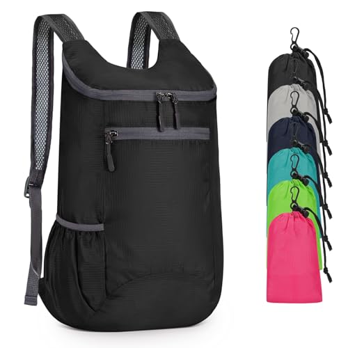 Lightweight Foldable Backpack,Travel Hiking Daypack Packable Bag | Black,20L Folding Backpack for Outdoor, Cycling,Camping, for Men and Women - color: Black
