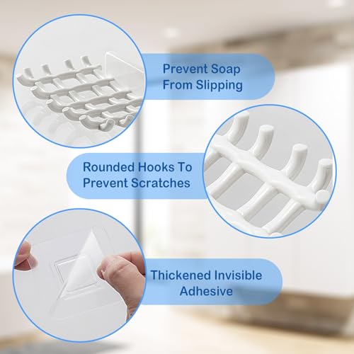 2 Pack Adhesive Soap Dish for Shower White, Soap Bar Holder for Shower Wall, No Drilling Adhesive Soap Dish with Hooks, Waterproof Wall-Mounted Soap Holder for Bathtub and Kitchen Sink (White)