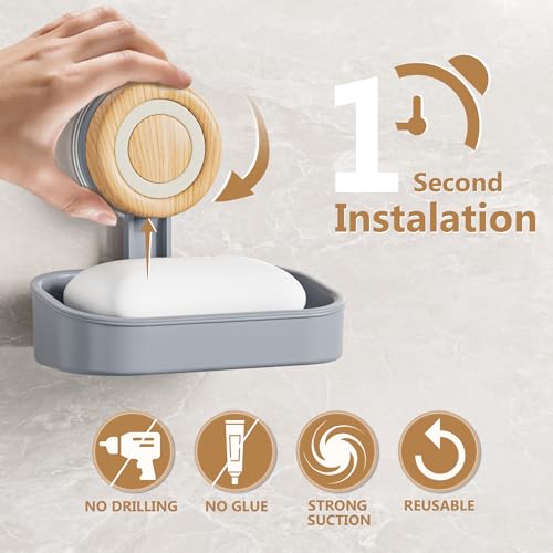 Double Layer Soap Dish for Shower 2 Pack, Wall Mounted Bar Soap Holder Suction Cup 2 Layer Self Draining Soap Case Sponge Holder for Shower Bathroom, Tub and Kitchen Sink, Grey - color: Grey