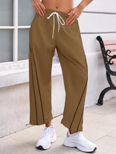 Fisoew Womens Baggy Wide Leg Casual Elastic Waist Cropped Pants - color: Brown, size: Large
