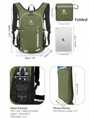Foldable Small Hiking Backpack with 3 Strap Pockets – Lightweight 300D Spill-proof Daypack for Men Women – Packable Small Travel Backpack with Chest Strap & Trekking Pole Holder – Durable Outdoor Bag - color: Olivegreen-