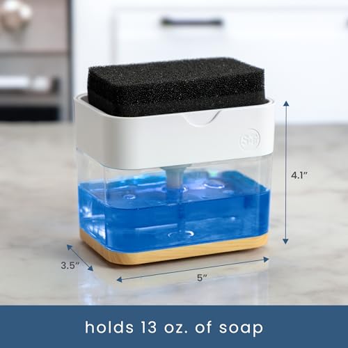 S&T INC. Dish Soap Dispenser and Sponge Holder, Plastic Bamboo and White - color: White and Bamboo