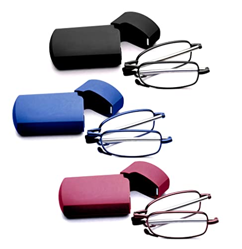 GOOSEN Reading Glasses Men Women, Pocket Wallet Purse Compact Hard Cases Folding Readers, Blue light Glasses Spring Hinge - color: C5, Black Blue Red