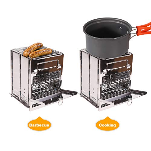 Large Portable Folding Camping Wood Stove for Outdoor Cooking, Sturdy Lightweight 304 Stainless Steel Wood Burning Camp Stove with Grill for Backpacking BBQ Silver - size: Large without Grid and Pot Stand