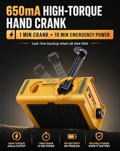 Emergency Radio with Hand Crank & Solar, NOAA Weather Band, AM/FM, 12000mAh - color: Yellow + Black