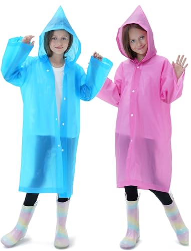 2 Pack Raincoats for Kids, Reusable Rain Ponchos with Hood and Sleeves Rain Coats for Boys and Girls - color: A-pink&blue