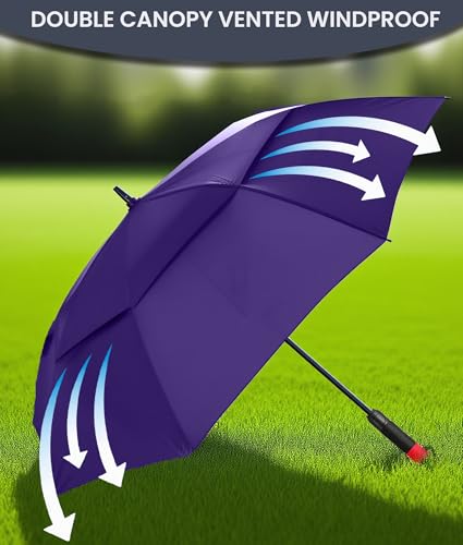 62/68/72 Inch Large Golf Umbrella Windproof Waterproof Auto Open | Oversized Double Canopy Vented, 210T Waterproof Pongee Fabric, Light Fiberglass Frame, Unique Red Foam Handle - color: Purple-Red Handle, size: 68"