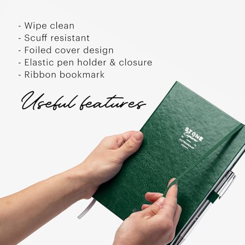 Stone Journal Explorer Notebook – A5 Waterproof Paper Field Journal, Vegan Leather Hardcover, 144 Pages Alternating Ruled & Dot Grid, Back Pocket, Weather-Resistant (Green) - color: Green