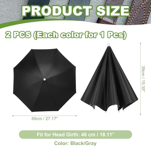 Umbrella Hat, Fishing Hat Hands Free Waterproof Adjustable Sun | Rain Cap Elastic Band Fit Camping - color: Black/Gray