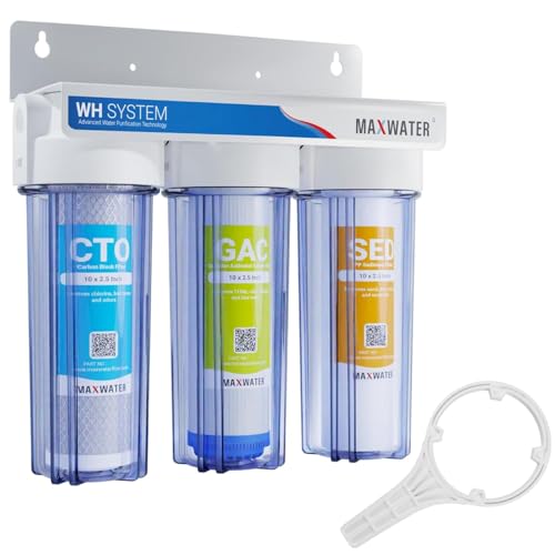 Max Water 3 Stage (Good for City Water) 10 inch Standard Water Filtration System for Whole House - Sediment + GAC + CTO Post Carbon - ¾ Inlet/Outlet - Model : WH-SC2 - style: Clear