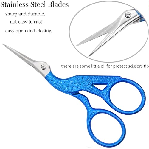 BIHRTC 3.6" Vintage Stork Scissors,Antique Metal with Leather Cover | Vintage Scissors Stainless Steel Scissors with Leather Cover for Threading Cross Stitch Cutting Sewing Handcraft Craft - color: Bright Blue, size: 3.6inch