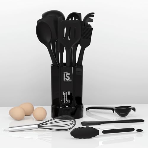 AOTHOD Silicone Cooking Utensils Set - 446°F Heat Resistant Kitchen Utensils,Turner Tongs,Spatula,Spoon,Brush,Whisk,Kitchen Utensil Gadgets Tools Set for Nonstick Cookware,Dishwasher Safe (BPA Free) - color: Black