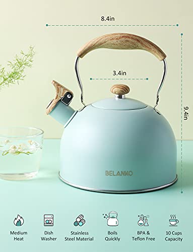 Tea Kettle, BELANKO 85 OZ / 2.5 Liter Whistling Tea Kettle, Tea Pots for Stove Top Food Grade Stainless Steel with Wood Pattern Folding Handle, Loud Whistle Kettle for Tea, Coffee, Milk - Turquoise - color: Turquoise