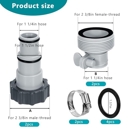 Pool Hose Adapter Type A & B for 1.25 and 1.5 Inch Hoses, Pool Hose Conversion Kit with 2 Clamps and 2 Washers, Compatible with Select Intex Threaded Filter Pumps for Above Ground Pools