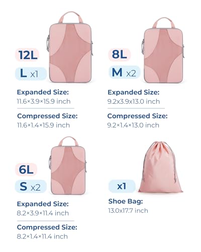Bagsmart Compression Packing Cubes, Travel Bag Cruise Ship Essentials - color: Baby Pink, size: 6 Set