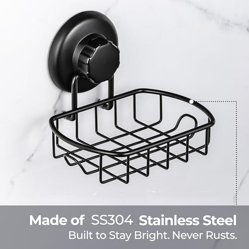 HASKO accessories Suction Soap Dish with Hooks - Super Powerful Vacuum Suction Cup Shower Soap Holder - Rustproof Stainless Steel SS304 Soap Basket - Sponge Holder for Bathroom & Kitchen (Black) - color: Black