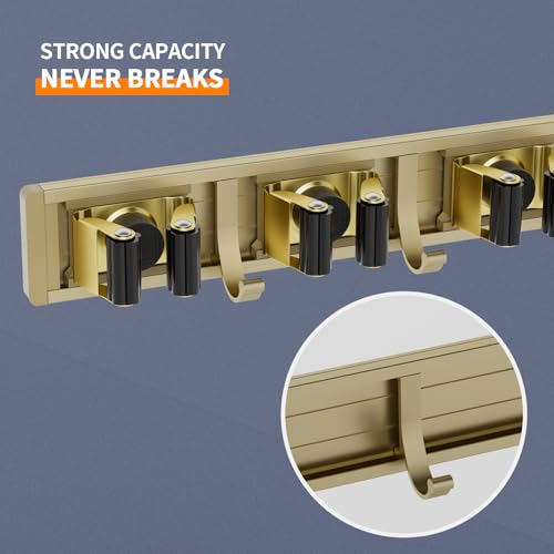reliahom Broom Holder Wall Mount Mop Hanger Tools organizer 5Racks 4Hooks | Adjustable Mop Broom Wall Hanging Heavy duty Tools Storage Rack Space-saving for Garage,Kitchen,Laundry Room,Garden, Bronze - color: Bronze