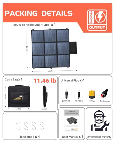 LVYUAN 200W Portable Solar Panel, 24V Foldable Blanket Solar Panel IP64 P-PERC, Upgraded 23% Efficiency for Solar Power Station Generator for Outdoor Camping with Anderson Plug, 12 Pounds - size: 200 Watt Portable Solar Panel