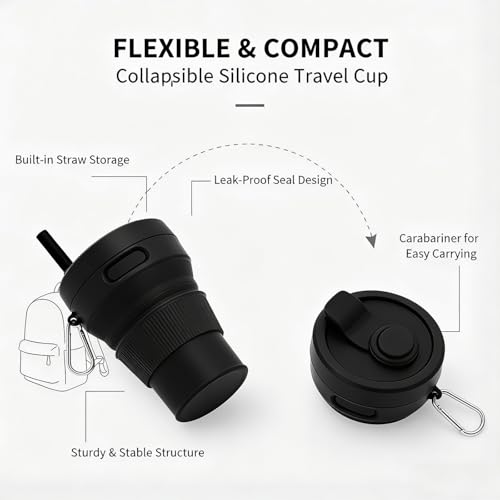 Silicone Coffee Mug Collapsible Cups for Camping Folding Travel with Straw Reusable Portable Drinking Cups Outdoor Hiking 450ml (Green-450ml, 1) - color: Green-450ml