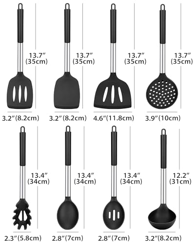 Silicone Cooking Utensils Set, 8 Pcs Kitchen Utensils with Holder, Black | BPA Free and Heat Resistant, Kitchen Tools for Non Stick Cookware include Spatulas, Turners, Spoons, Skimmer and Pasta Fork - color: Black