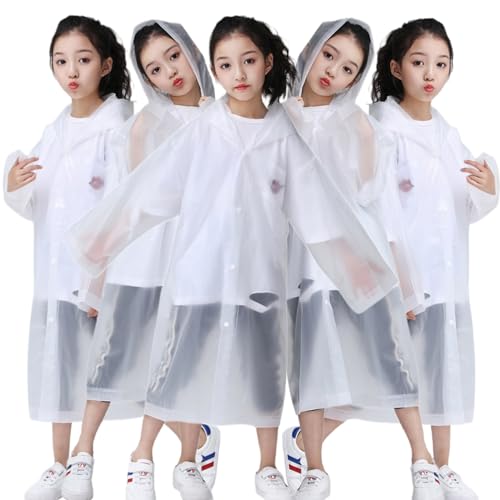 Raincoat Rain Poncho for Kids, 2-5 Pack Reusable EVA Rain Coats for 6-14 Boys Girls, Rain Jackets Gear with Hood - color: White X5