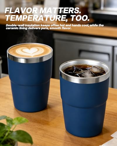 8 oz Stackable Stainless Steel Coffee Mug with Lid, Navy Small Cup - color: Navy