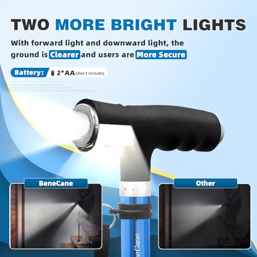 BeneCane Walking Cane for Women Folding Cane for Men with Two Led Lights Quad Cane with Stable Base Lightweight and Adjustable Walking Stick - color: Carved Blue