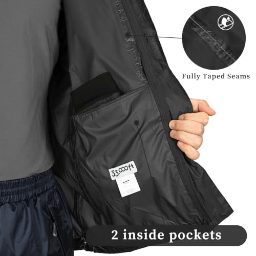33,000ft Men's Packable Rain Jacket Lightweight Waterproof Golf Raincoat - color: Black, size: Large