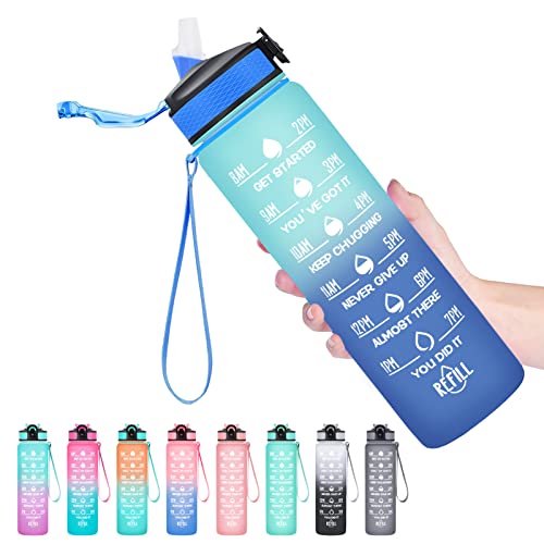 Hyeta Water Bottle with Straw & Time Marker, Plastic 32oz Leakproof - color: Green-Blue