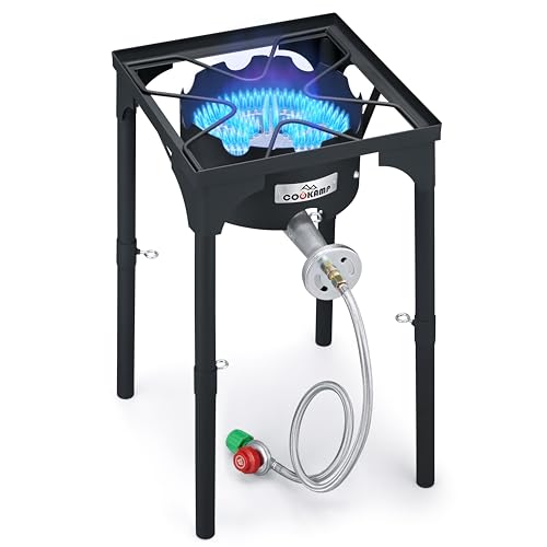 COOKAMP High Pressure Propane Burner Banjo Single Wok Burner 200,000BTU with Adjustable Height. 0-20 PSI Adjustable Regulator and Steel Braided Hose SA1550 (200,000BTU) - style: 200,000BTU
