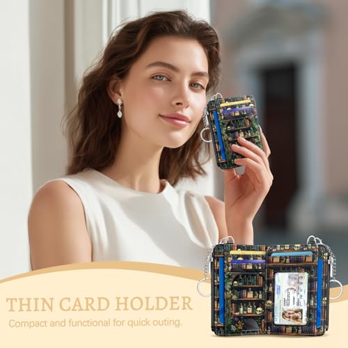 Kelvoris Credit Card Holder Small Wallet Women, Slim RFID, Goth Bookshelf - color: Book Skull