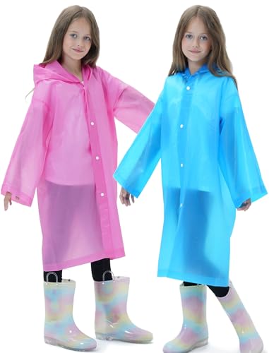 2 Pack Raincoats for Kids, Reusable Rain Ponchos with Hood and Sleeves Rain Coats for Boys and Girls - color: A-pink&blue