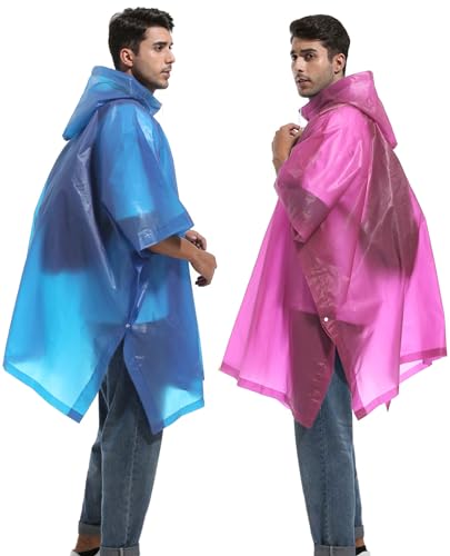 Reusable Rain Ponchos with Drawstring Hood for Adults, Waterproof Thicken Rain Coat, 2 Packs - color: Pink Blue (2-pack)