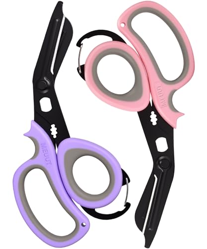 MEUUT All Purpose Scissors 2 PCS with Carabiner for Kitchen Outdoor | 7.5-inch heavy duty all purpose, Ambidextrous, micro-serrated stainless steel blades, integrated O2 wrench, soft rubber grip - color: Pastel Pink+pastel Purple
