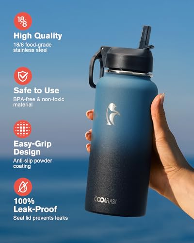 Coolflask 32 oz Water Bottle Insulated with Straw & 3 Leakproof Lids - color: Samurai Cyan, size: 32 Ounces