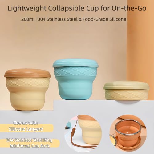 Collapsible Travel Cup 7oz Silicone Foldable Water Cup, Cute Ice Cream Cone Shape, Macaron Colors, BPA-Free with Lid - Portable Drinking Cup for Ca mping, Hiking & Outdoor Travel (Brown) - color: Brown